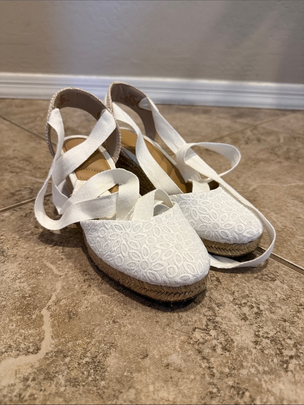 Kelly & Katie White Lace Espadrille Wedge Sandals